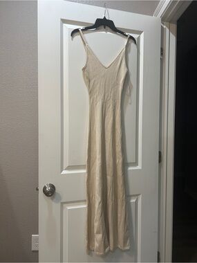 Caroline Constas Cream Ribbed V-Neck Slip Dress